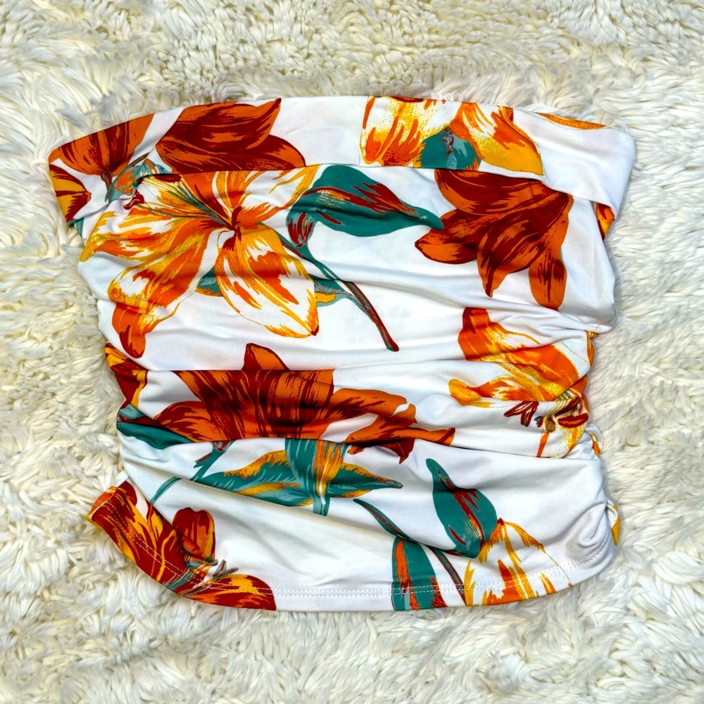 Tropical Orange Hibiscus Strapless Fold-Over Ruched Tube Top